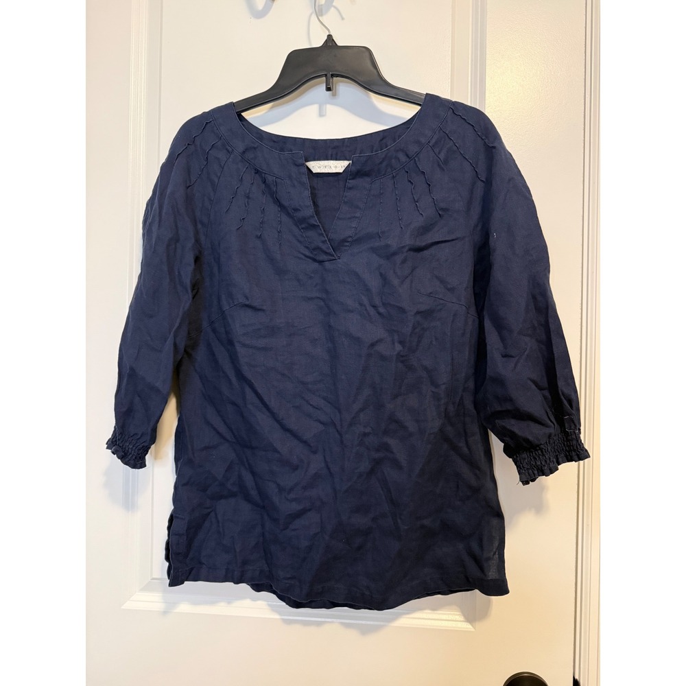Tweeds Linen Blouse Womens Medium Navy Blue Split Neck Boho Lagenlook